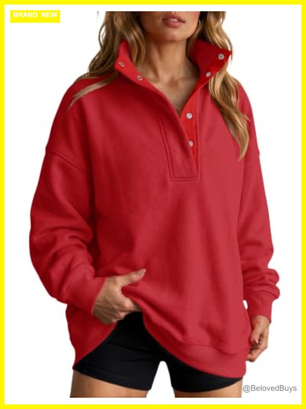 Oversized Button Mock Neck Sweatshirt Cotton Blend Pullover